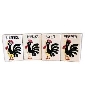 Vintage Ceramic Spice Shakers Rooster Paprika All Spice S/4 Apothecary Japan